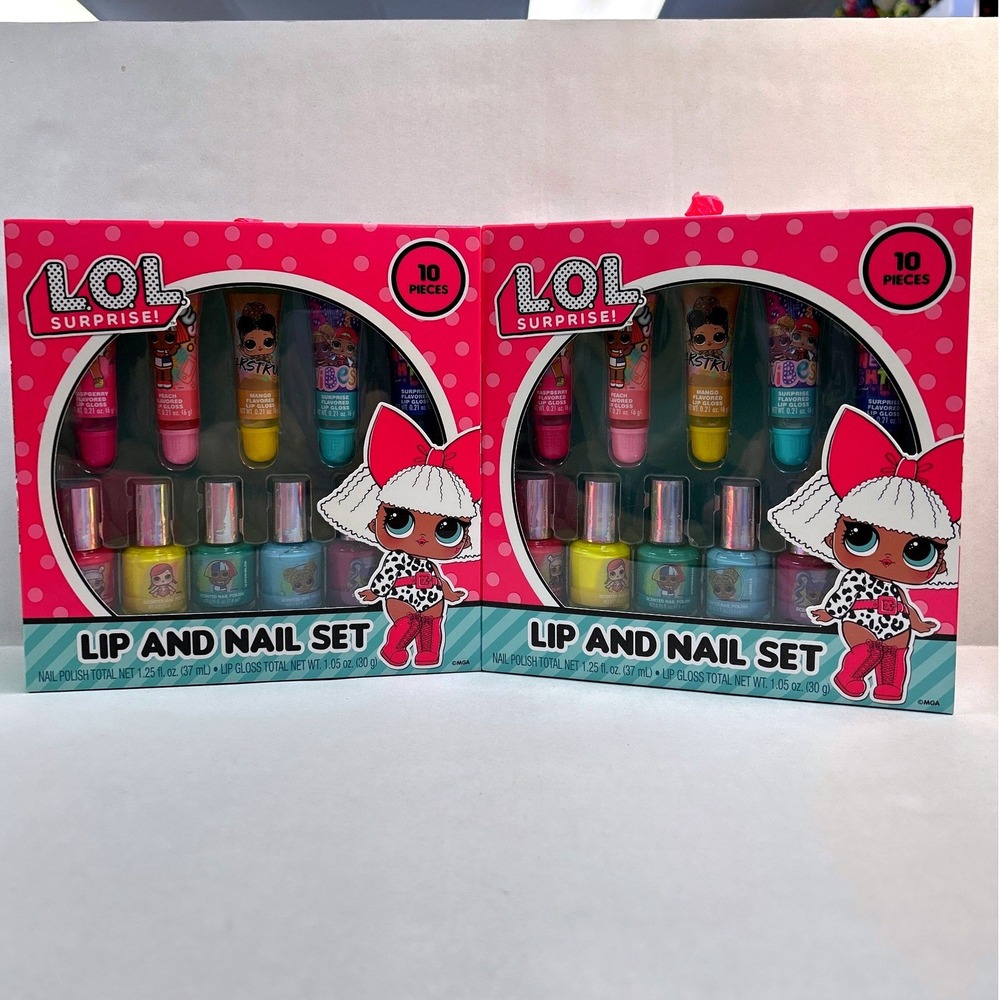 LOL LOT OF 2 Surprise Lip & Nail Set 10 Piece Flavored Gloss Scented Polish New